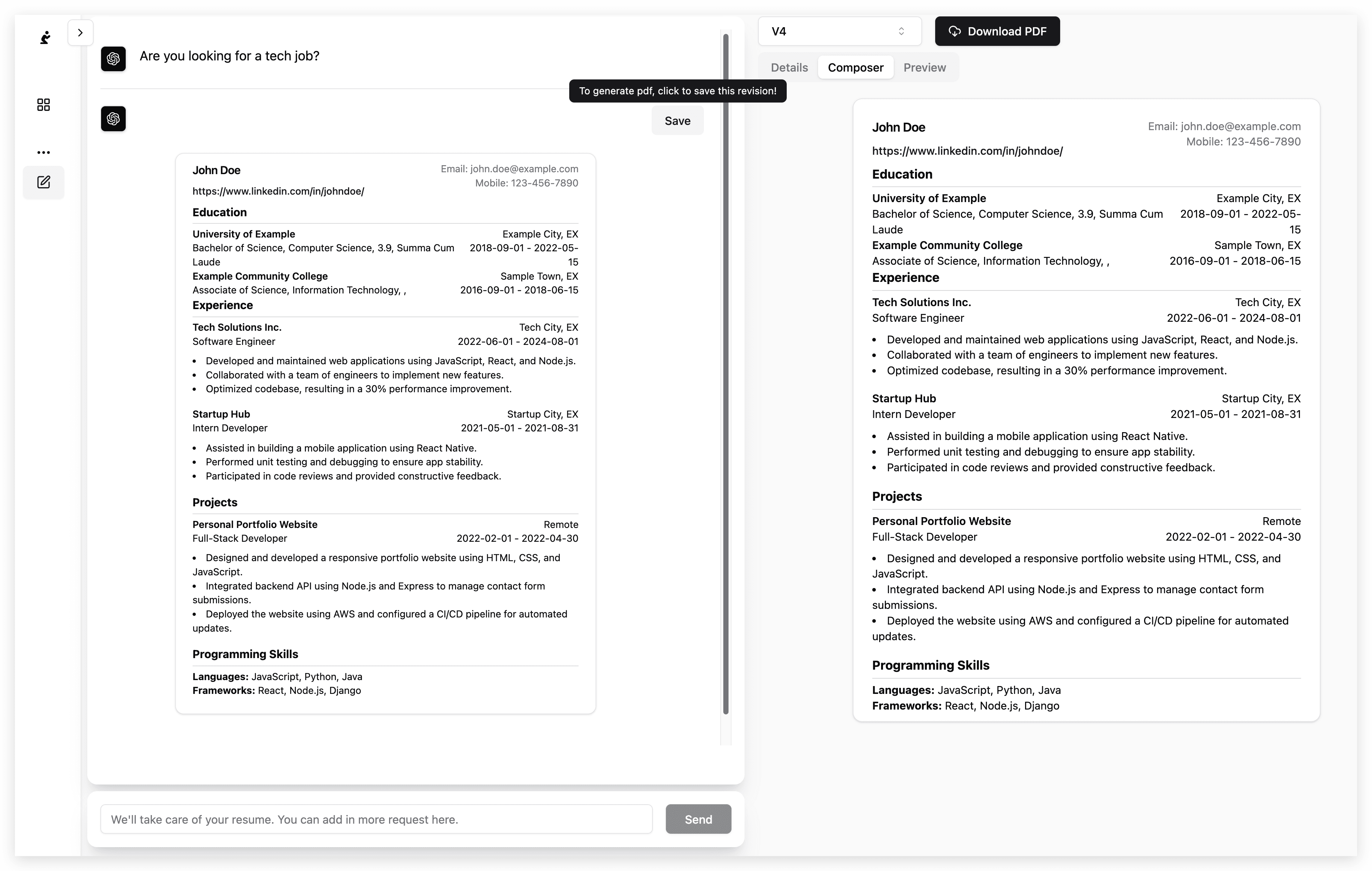 Offerplz Resume Builder Interface