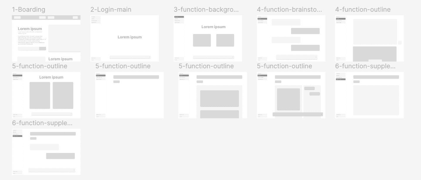 Low-fidelity wireframes showing ten grayscale UI mockups