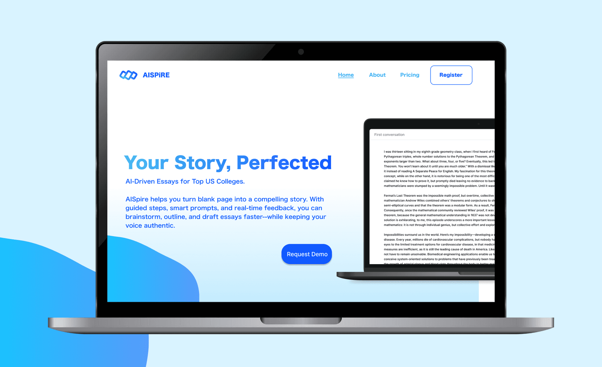 MacBook Pro showing AISPIRE landing page with hero section and chat interface